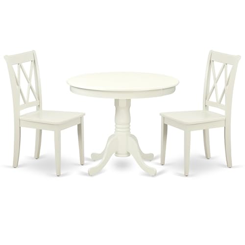 Cozy Linen White Kitchen Set - Round 36" Table & 2 Double X Back Chairs - Sturdy Hardwood - Comfortable Seating - Ideal for Limited Spaces - Attractive & Affordable - Hardware & Instructions Included