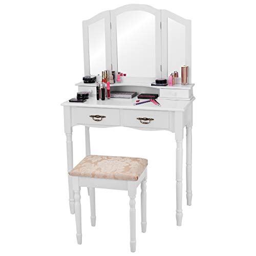 Vanity Set Makeup Table with Stool, Dressing Tables with 4 Drawers, Tri-Folding Mirror, Large Mirrored Room Vanity Desk for Bedroom Bathroom Padded Seat Chair Vanities, White