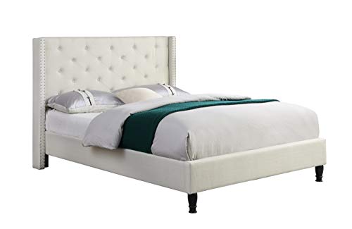 HomeLife Premiere Classics Cloth Light Beige Cream Linen 51" Tall Headboard Platform Bed with Slats Full - Complete Bed 5 Year Warranty Included-007