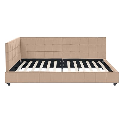 GDFStudio Full Size Upholstered Tufted Sofa Bed Frame, Velvet Daybed with Armrests & Backrest,Mid-Century Platform Bed for Living Room,No Box Spring Required,Mattress not Included,Pink