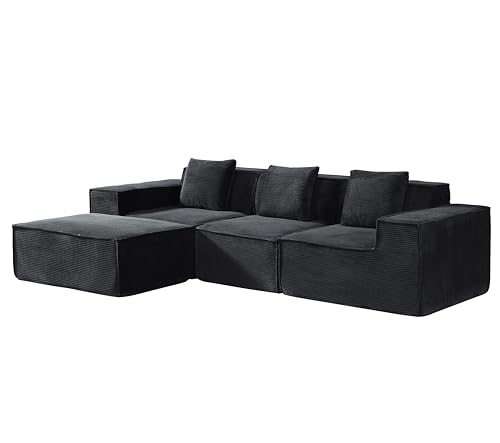 Rowan Convertible Corduroy Sectional Couch with Ottoman & Pillows, Modular L Shaped Sleeper Sofa, Boneless Cloud Couch for Living Room Furniture, Black