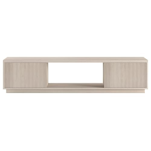 Fluted TV Stand for TVs up to 78" with 2 Ribbed Side Storage Cabinets and Open Center Storage for Living Room, Family Room, or Office, Beech White