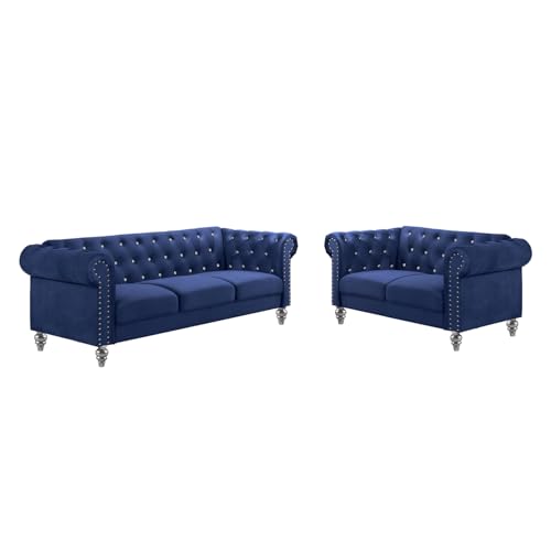Chesterfield Velvet Sofa and Loveseat Set - 2 Piece Living Room Furniture Set Royal Blue