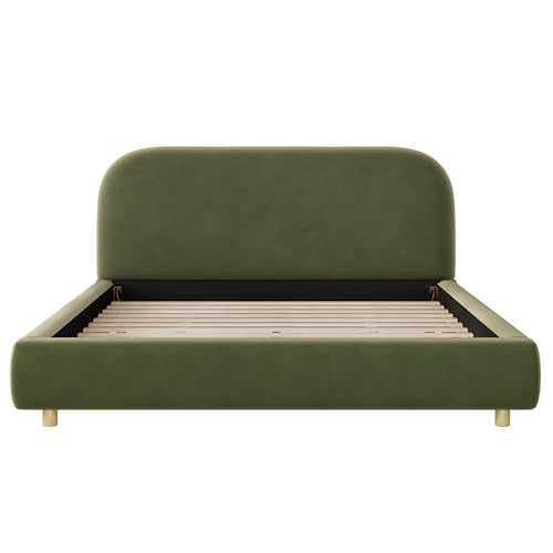 Queen Velvet Fabric Platform Bed with Curved Headboard, Olive Green, view 8