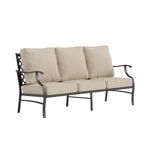 Metal three seater outdoor sofa with thick waterproof cushions, view 2