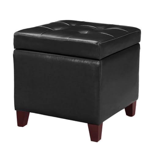 Storage Ottoman Foot Rest Stool, Leather Ottoman Footstool with Wood Legs and Hinged Lid, 18" Small Foot Stool Bench for Living Room, Bedroom, Black