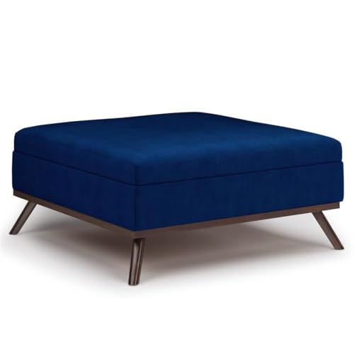 36" Coffee Table Storage Ottoman, Blue Velvet Upholstery, Mid Century Style, Solid Wood Base, Hydraulic Lift-Up Lid with Child Safety Hinge, Large Interior Storage, Living Room Furniture