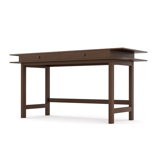 Double-Top Solid Wood Desk - 60-Inch Mid-Century Modern Writing Table with Drawers for Home Office, Study, and Creation, Rubberwood Computer Desk in Black Walnut