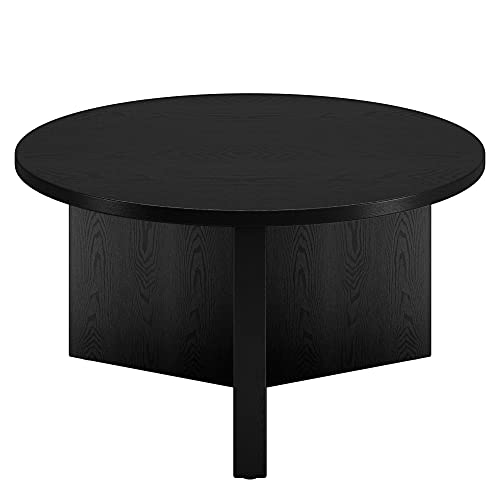32" Round Wood Pedestal Coffee Table for Living Room, Family Room, Office, or Apartment, Natural Black