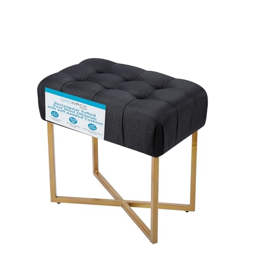 Rectangle Tufted Linen Ottoman Foot Rest - 19.7x11.82x17.73” Small Foot Stool with Legs - Padded Footrest Modern Ottomans for Living Room Furniture, Bedroom Footstool (Black)
