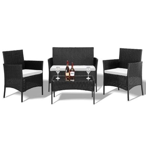 4 Pieces Patio Furniture Set, Rattan Conversation Sets, Black | Loveseat with Soft Cushion, Glass Table for Garden Backyard Balcony Porch Poolside
