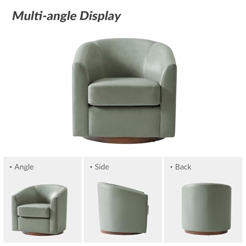 Genuine Leather Swivel Barrel Chair, Round Swivel Accent Chair with Solid Wood Base, No Assembly Required, Sage