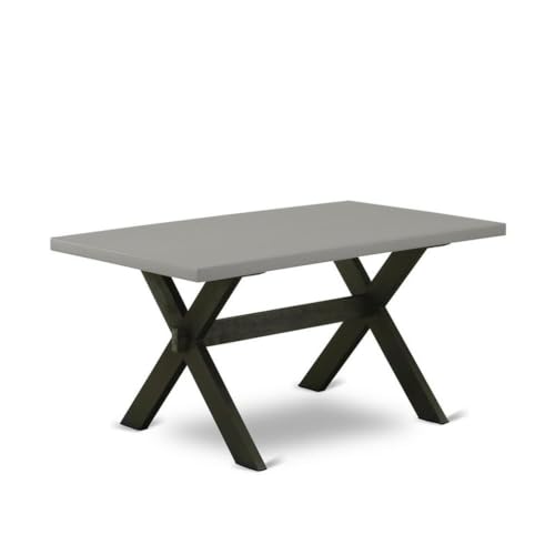 5-Piece Wood Dining Set, Rectangular Cement-Finish Table, Black Linen Upholstered Chairs, Solid Wood Frame, Button-Tufted Chair Back, Decorative Nail Heads, Modern Dining Room Furniture