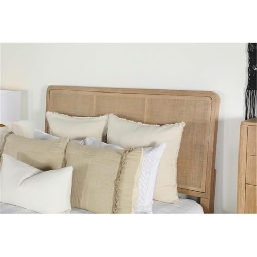 Rattan Eastern King Panel Bed, Sand Wash Finish, Natural Cane Headboard and Footboard, Rubberwood and Metal Frame, Mid-Century Modern Bedroom Furniture, 81.25” W x 91” D x 56.25” H