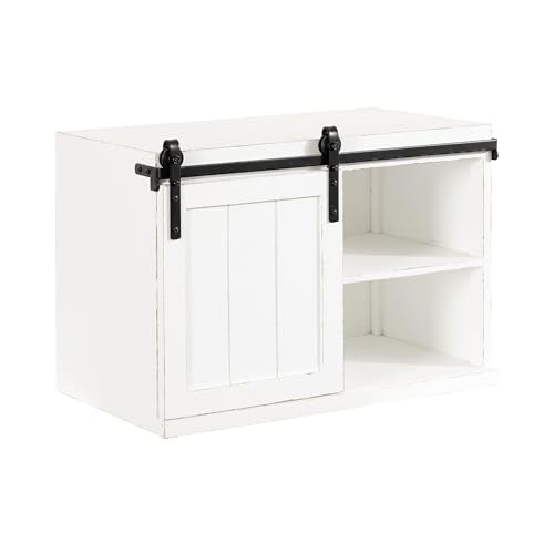 Cates Decorative Wood Floating Side Table with Sliding Barn Door; 20 x 12 x 15; Rustic White; Farmhouse Wooden Floating Wall Cabinet for Versatile Home Storage