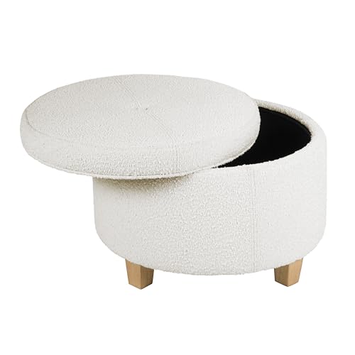24" Large Round Storage Ottoman - Cream Boucle