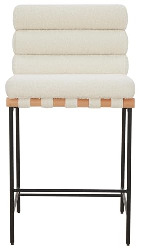 SAFAVIEH Couture Collection Macibella Ivory Boucle/Black Metal Legs Channel Tufted 25-inch Seat Height Counter Stool (Fully Assembled)