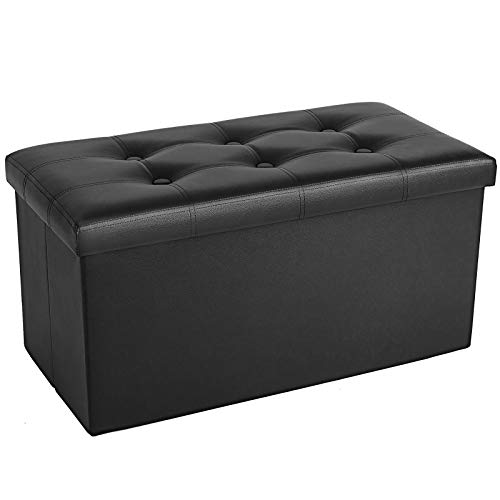 Ottoman Bench with Storage - 30x15x15in Folding Leather Ottoman, Rectangle Foot Stool Foldable Storage Chest Footrest Footstool Collapsible with Lid for Bedroom Living Room Pure Black