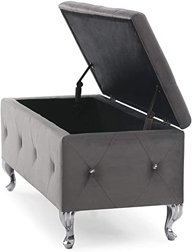 Glam 38 Inches Storage Ottoman Bench for Entryway, Hallway, Living Room, and Bedroom, Upholstered Tufted Faux Leather Ottoman with Storage, Foot Rest and Organizer, Fossil Gray