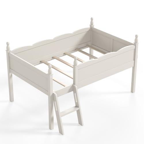JIVOIT Twin Low Loft Bed, Solid Wood, Full Guardrails, Ladder & Side Bookshelf (Beige/ Twin,76)