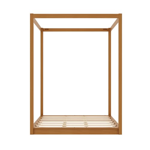 Queen Size Canopy Bed, Wood 4 Poster Floor Bed Frame with Wood Slats Support, view 8