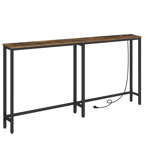 63" Narrow Console Table with Charging Station, 5.9" Slim Sofa Table Behind Couch, 2 AC Outlets & USB-C Ports, Long Entryway Tables for Small Spaces, Livingroom, Rustic Brown BF165UXG01G1