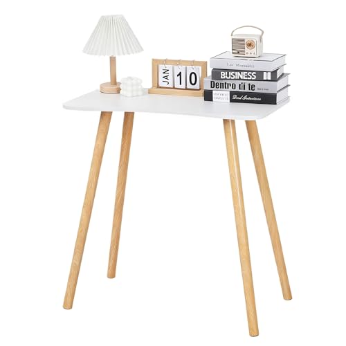 White Side Table, Small Table Stand for Living Room Bedroom Office, Modern Solid Wood End Accent Table with Spacious Desktop