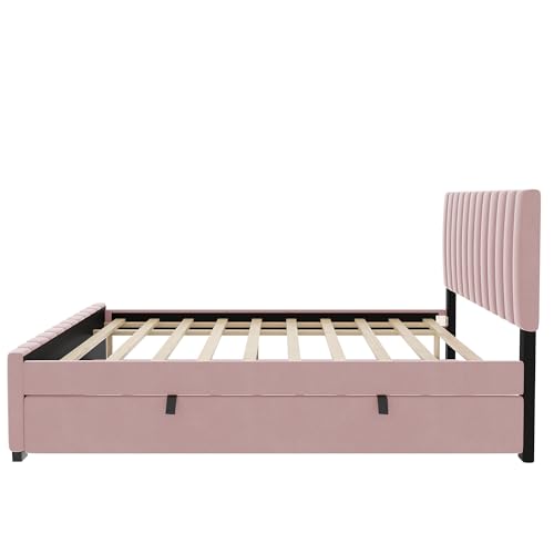 JIVOIT Velvet Fabric Upholstered Platform Bed, Full Size Platform Bed with Twin Size Trundle, Upholstered Headboard and Wood Slats Support for Teens (Pink/Full,486)