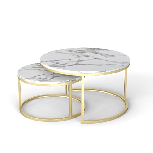 Nesting Coffee Table Set of 2, 31.5" Round Coffee Table Wooden Marble Pattern Accent Furniture, Industrial End Table for Living Room Bedroom Balcony (White/Gold)