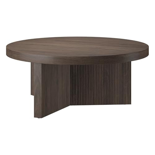 36" Fluted Round Low-Profile Coffee Table with Ribbed Pedestal Base Living Room, Family Room, or Office, Rich Brown