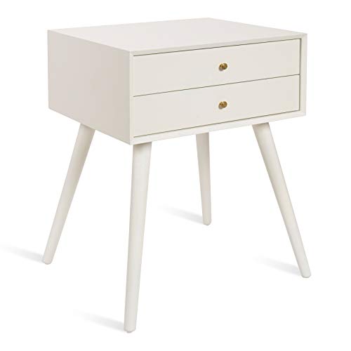Finco Midcentury Modern Style Side Table with 2 Drawers, White Finish with Brass Hardware