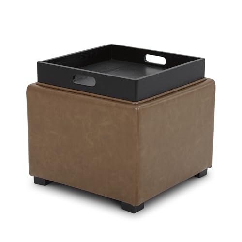 CHITA Storage Ottoman Cube with Tray Lid, Small Footstool with Storage, Square End Table for Living Room and Bedroom, Faux Leather in Saddle Brown