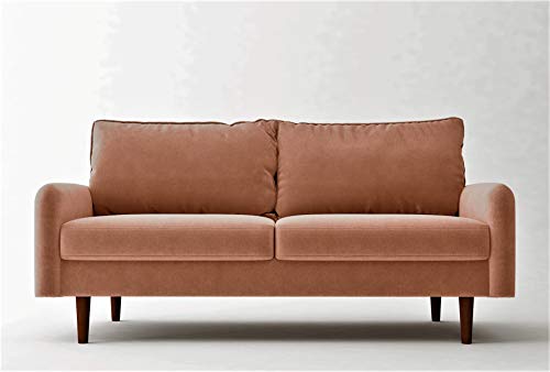 Americus Velvet Upholstered 3 Seater Couch for Living Room, with Luxurious Mid Century Modern Design and Wooden Base, Sofa, Rose