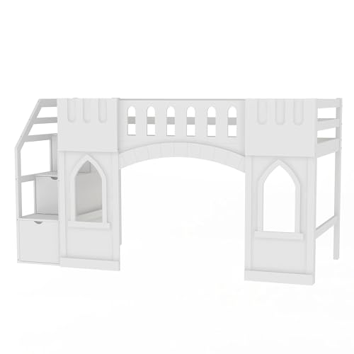 Twin Size Loft Bed with Storage Staircase and Window, White