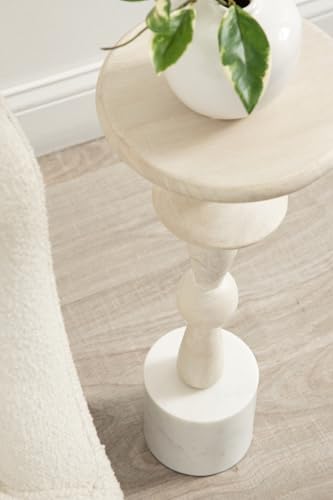 Avenal Modern Round Wood Drink Table, 9 x 9 x 22, Bleached Wood and White Marble, Boho Circle Mini Pedestal with Marble Base for Use as Martini Stand or Small Bedroom Nightstand Option