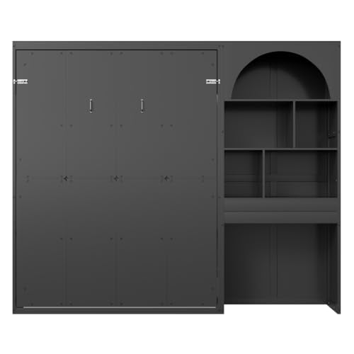 Queen Size Murphy Platform Bed with Side Cabinets, Drawer, Open Shelves | Folding Platform Bed, Murphy Chest Bed Can be Folded into a Cabinet, Multi-function Murphy Wall Bed, Small Room