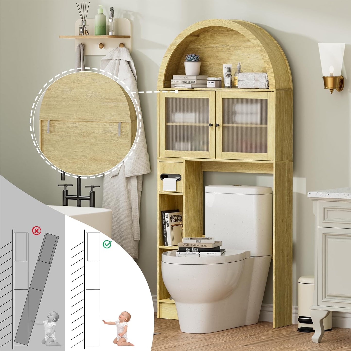 Over the Toilet Storage Cabinet, 31''W Arched Space-Saving Bathroom Organizer with Adjustable Shelf and Acrylic Doors, Freestanding over Toilet Cabinet for Bathroom, Laundry, Restroom (Oak Wood)