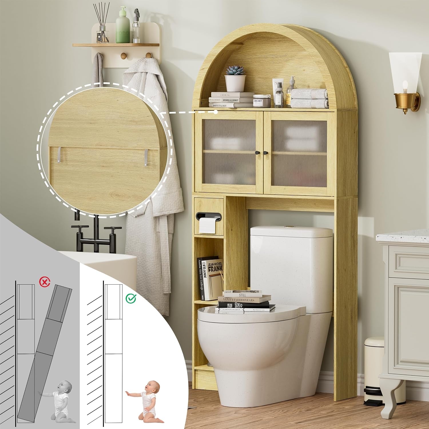 Over the Toilet Storage Cabinet, 31''W Arched Space-Saving Bathroom Organizer with Adjustable Shelf and Acrylic Doors, Freestanding over Toilet Cabinet for Bathroom, Laundry, Restroom (Oak Wood)