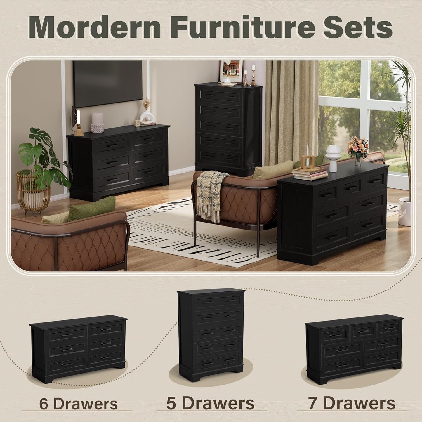Dresser for Bedroom, Farmhouse 7 Drawers Dresser, Chest of Drawer Chest, Multi-Tier Clothing Storage Cabinet, Black