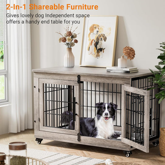 Large Dog Crate Furniture, 38'' Wooden Dog Crate End Table, Double Door Dog Kennel Indoor with Cushion & Wheels, Decorative Dog Cage House Chew-Resistant for Large/Medium, Grey