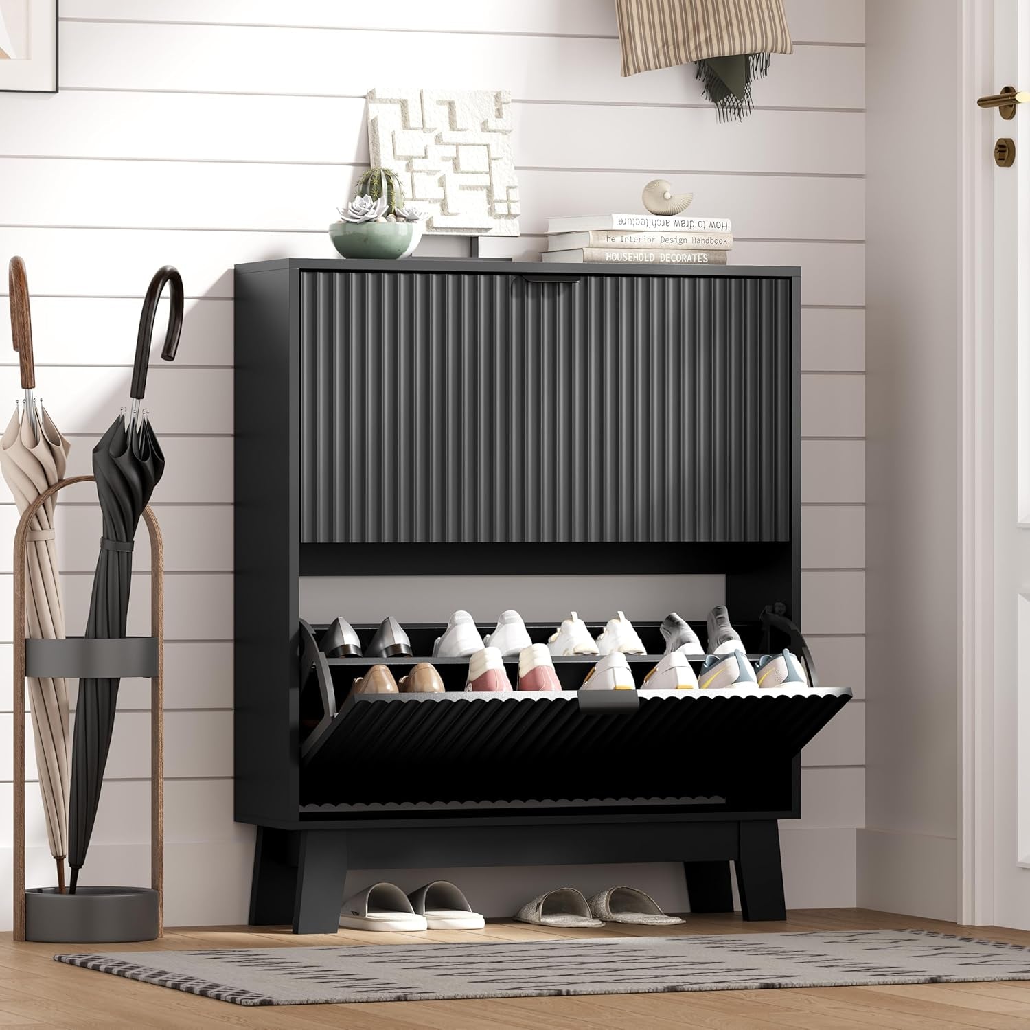 Shoe Cabinet Storage for Entryway with 2 Flip Drawers, Fluted Narrow Shoe Organizer with Wooden Legs, Freestanding Slim Shoe Storage Hidden Shoe Rack Organizer for Front Door Entrance, Black