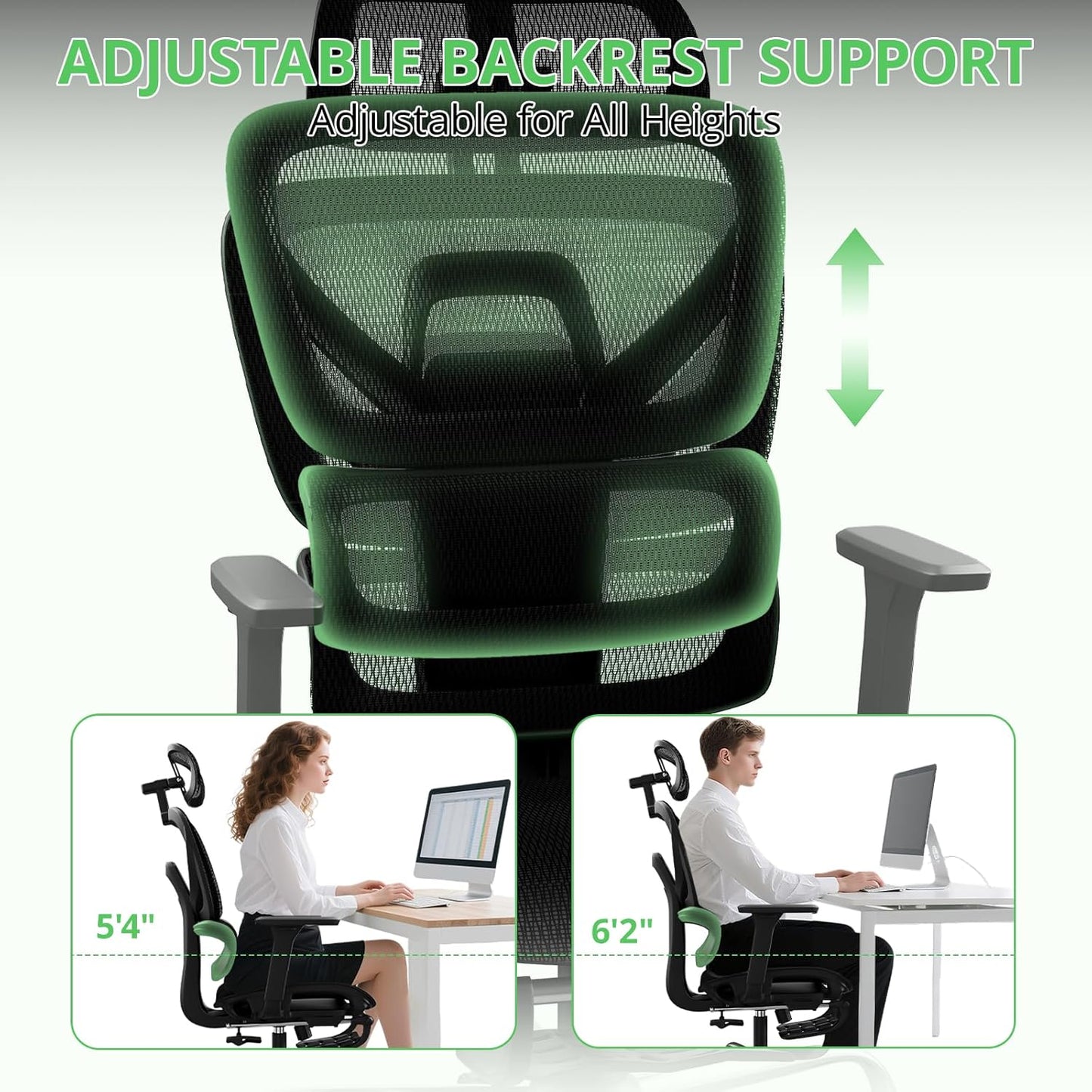 Ergonomic Office Chair with Footrest, Mesh Desk Chair with 135° Recline, Adjustable Lumbar Support, 3D Armrests and Headrest, Swivel Computer Chair for Home Office