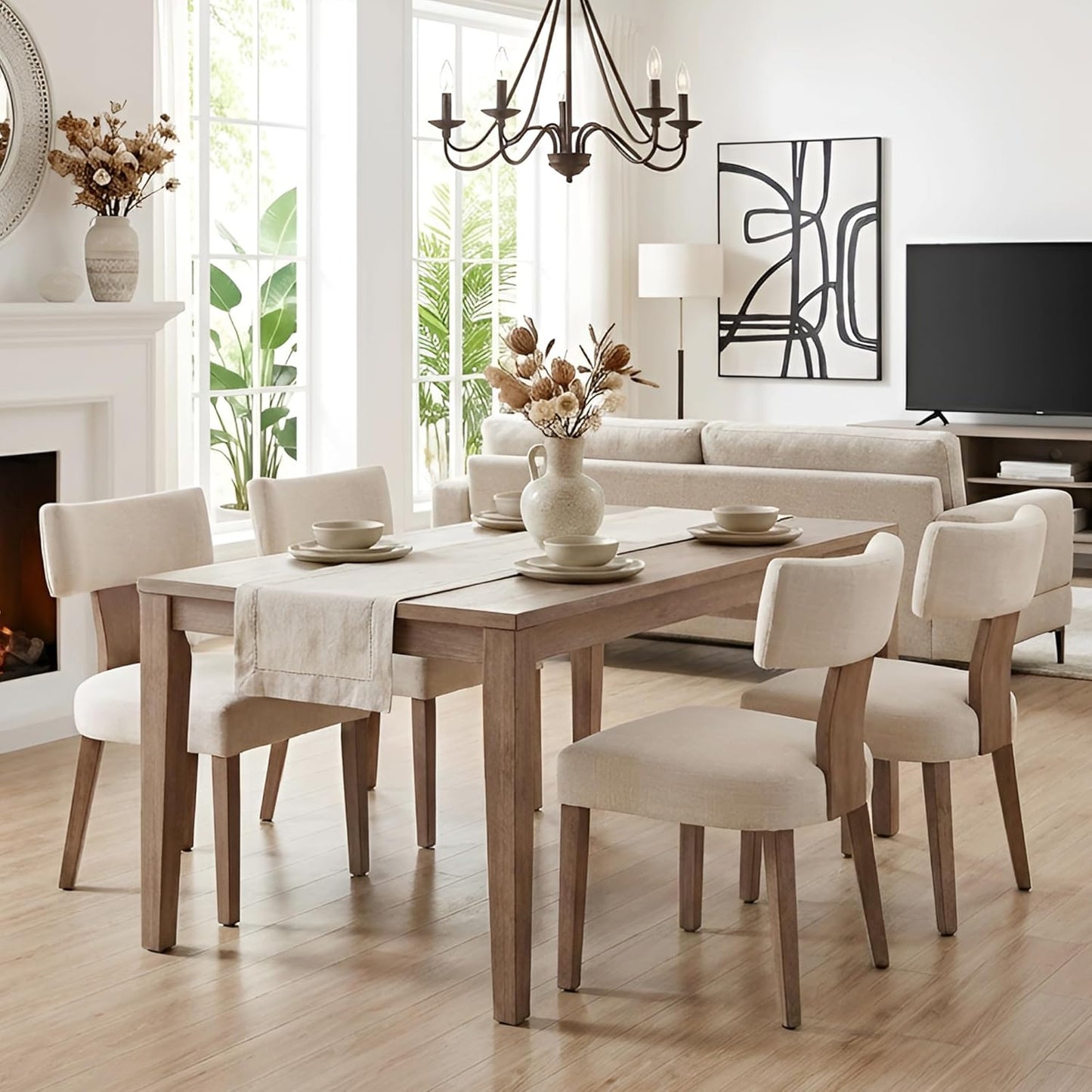 Beige mid century linen upholstered dining chairs, set of 4, view 7