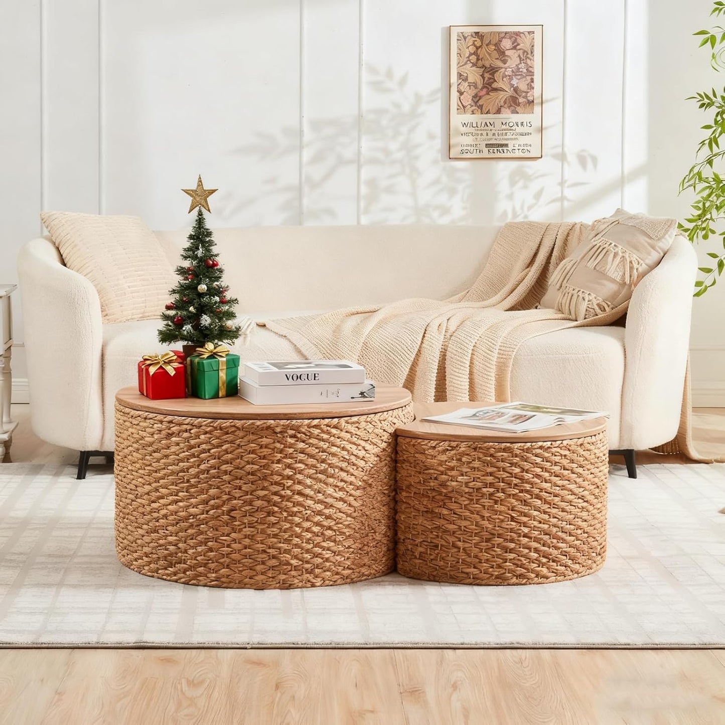 Round Nesting Coffee Table Set of 2 with Storage - Handwoven Wicker Rattan Ottoman Style, Boho Coastal Coffee Tables for Living Room, Rattan Coffee Table with Cover & Soild Wood Frame