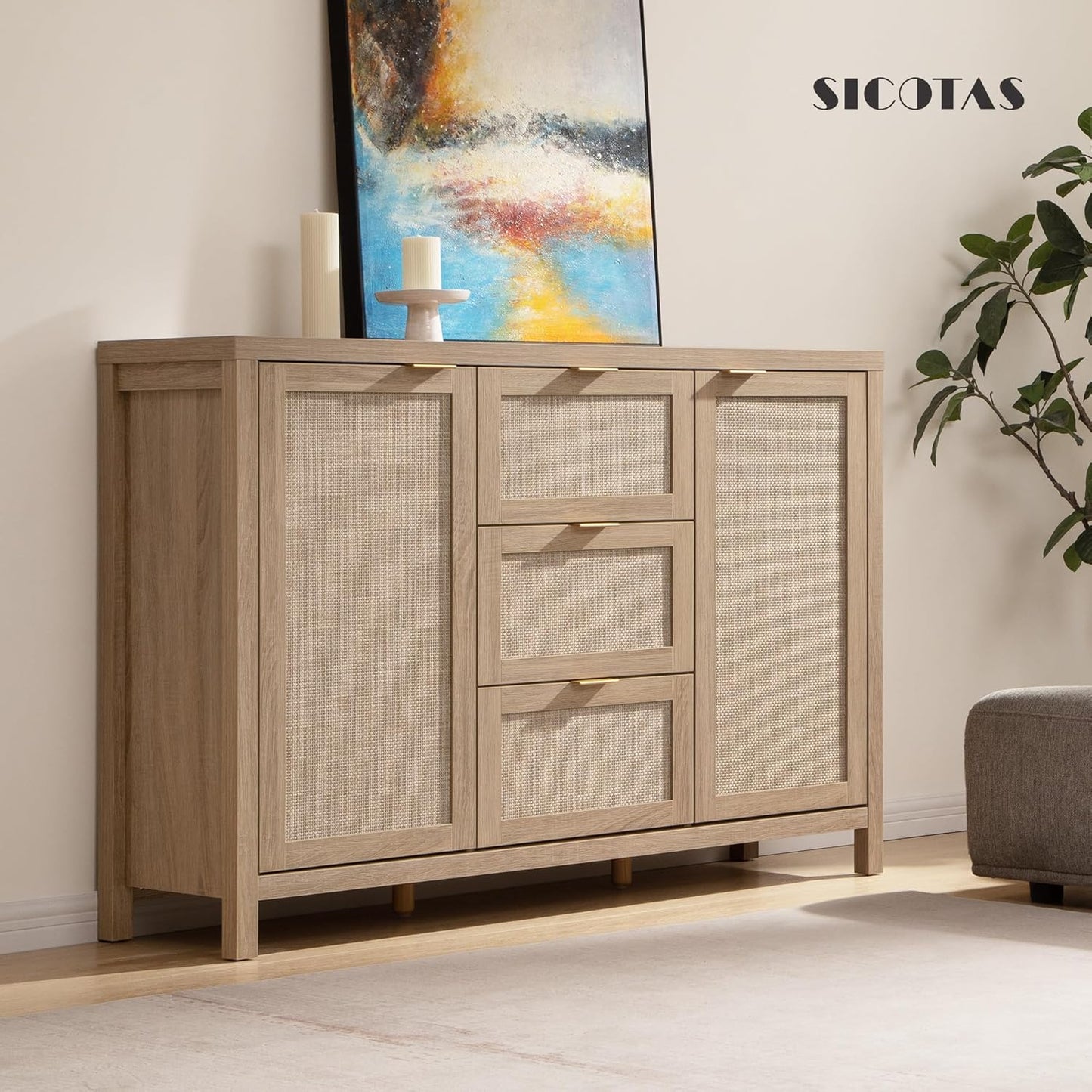 52" Larger Sideboard Buffet Coffee Bar Cabinet with Storage - Farmhouse Rattan Credenza Storage Cabinet with 3 Drawers and 2 Doors, Boho Console Table for Living Room, Kitchen, Light Oak