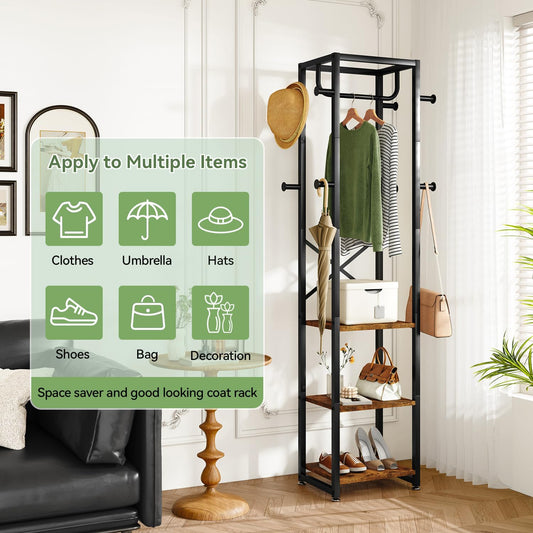 Coat Rack with Shelves, Freestanding Hall Tree with 3 Shelves and 8 Hooks, Industrial Clothes Stand for Entryway, Hallway, Bedroom, Rustic Brown UTMJ088H