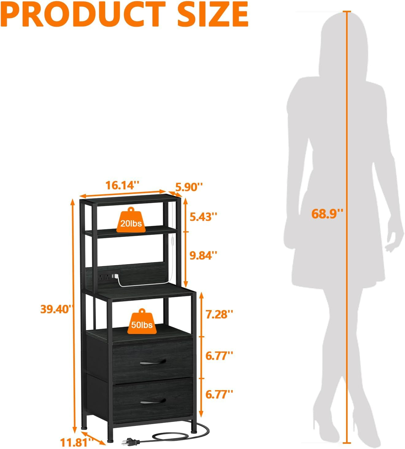 Night Stand, Tall Nightstand with 4-Tier Shelves, 2 Fabric Drawers and Light Tube, Bed Side Tables with Charging Station, Bedside Table for Bedroom, Office, Black Oak