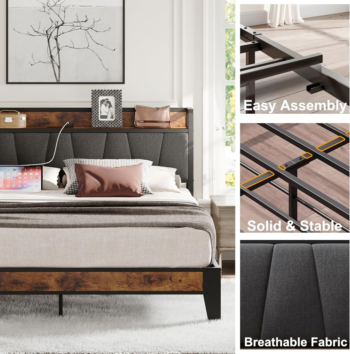 King Size Bed Frame, Storage Headboard with Charging Station, Solid and Stable, Noise Free, No Box Spring Needed, Easy Assembly