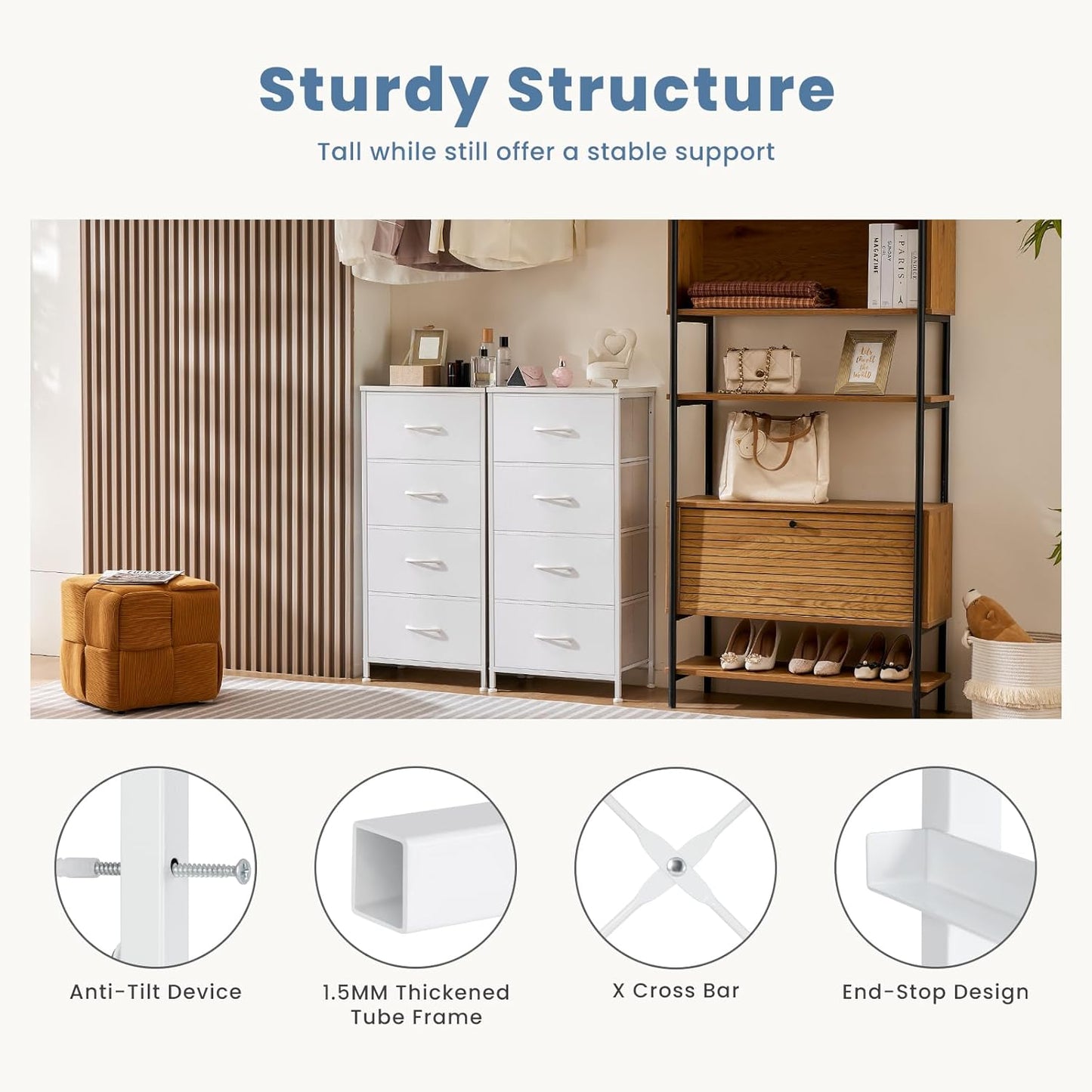 Nightstand with 4 Drawers Bedside Table with Removable Fabric Bins Sturdy Steel Frame Wood Top Organizer Furniture for Bedroom Nursery Closet Living Room