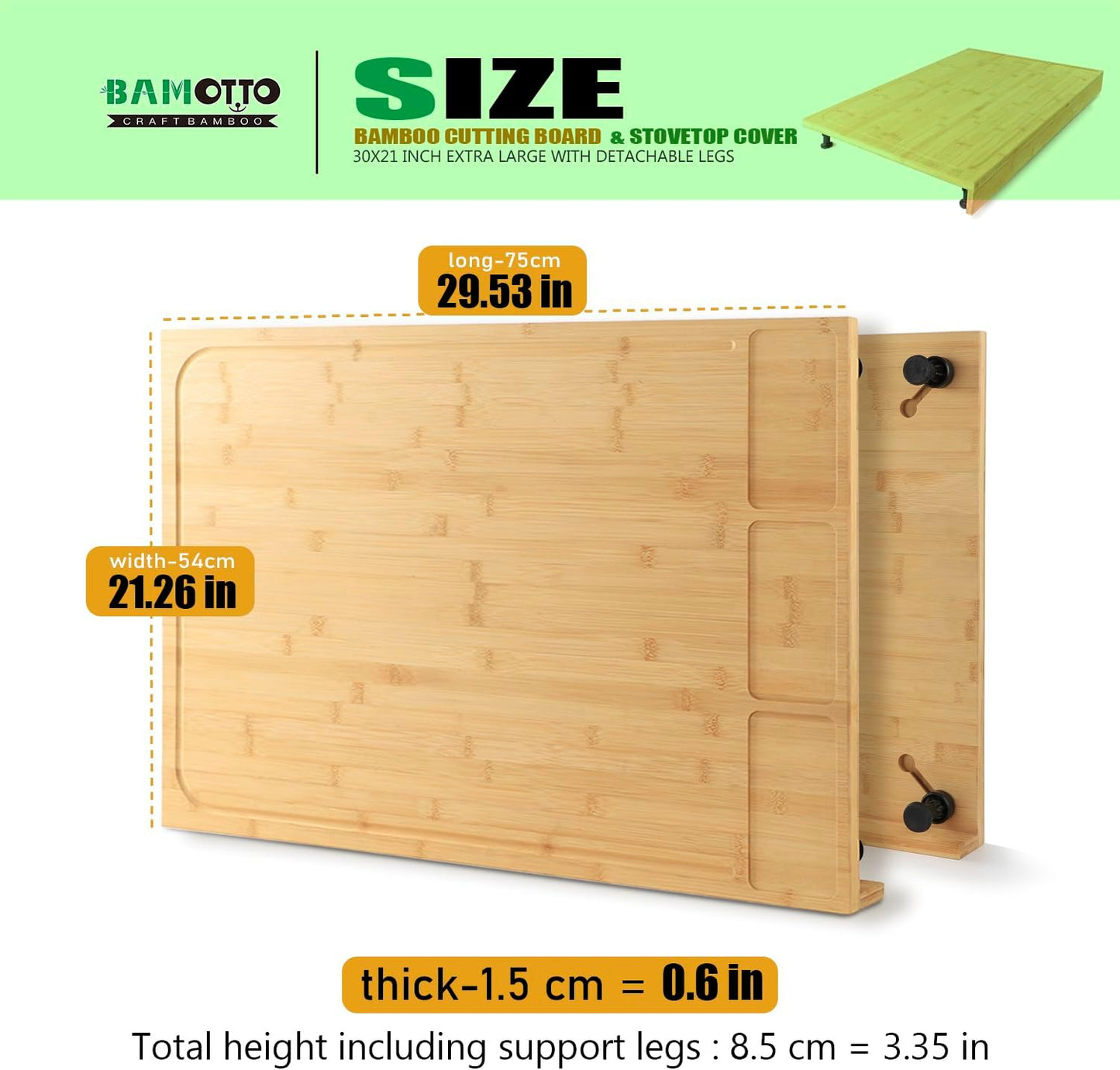30 X 21 in Extra Large Bamboo Cutting Board and Stovetop Cover, Stove Top Cover Chopping Board with Detachable Legs and Juice Groove, Sink Cover Board, for Restaurant Kitchen Countertop